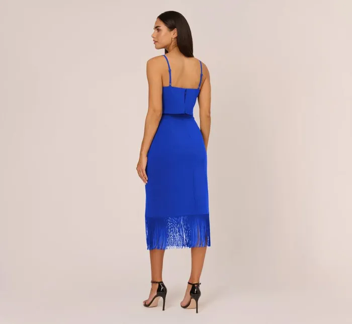 Midi Dresses Womens Adrianna Papell Crepe Popover Midi Dress With Fringe Trim In Royal Sapphire