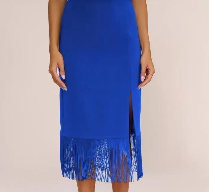 Midi Dresses Womens Adrianna Papell Crepe Popover Midi Dress With Fringe Trim In Royal Sapphire