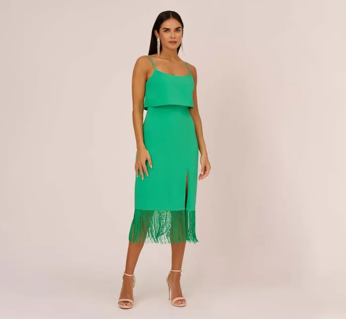 Midi Dresses Womens Adrianna Papell Crepe Popover Midi Dress With Fringe Trim In Summer Green Midi Dresses Womens Adrianna Papell Crepe Popover Midi Dress With Fringe Trim In Summer Green
