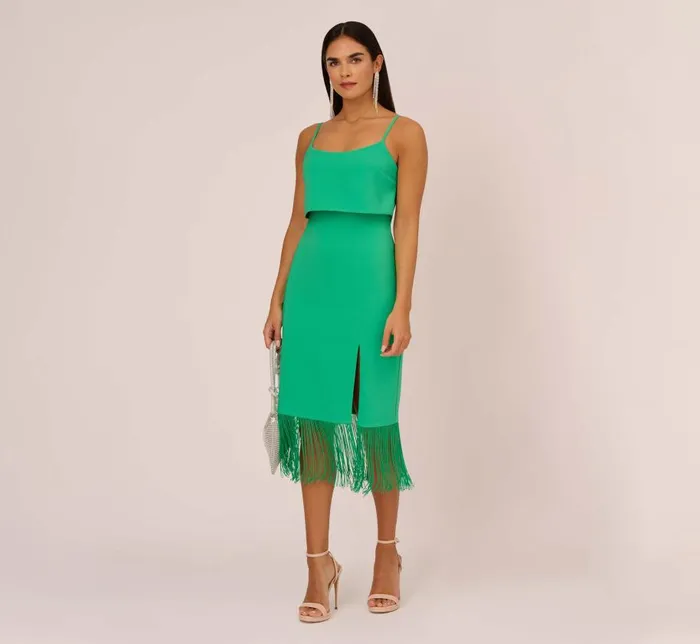 Midi Dresses Womens Adrianna Papell Crepe Popover Midi Dress With Fringe Trim In Summer Green