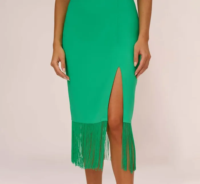 Midi Dresses Womens Adrianna Papell Crepe Popover Midi Dress With Fringe Trim In Summer Green