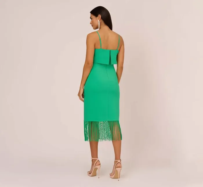 Midi Dresses Womens Adrianna Papell Crepe Popover Midi Dress With Fringe Trim In Summer Green