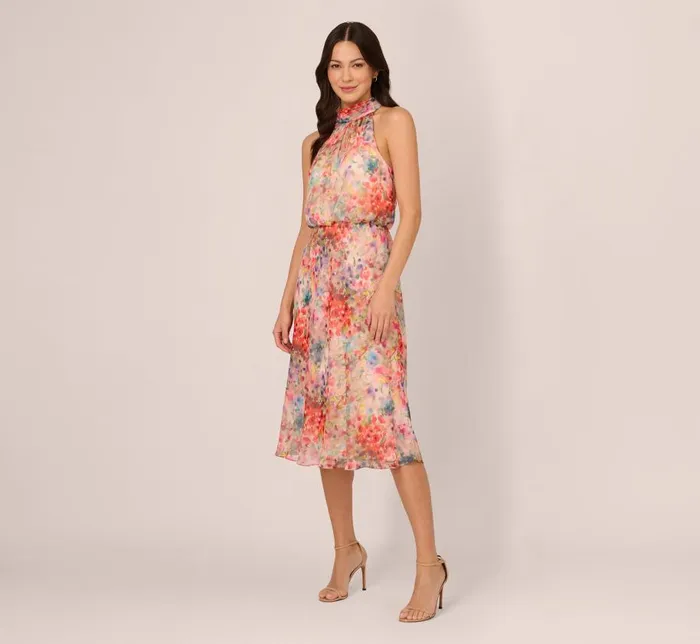 Midi Dresses Womens Adrianna Papell Floral Chiffon Halter Midi Dress With Blouson Bodice In Red Multi Midi Dresses Womens Adrianna Papell Floral Chiffon Halter Midi Dress With Blouson Bodice In Red Multi