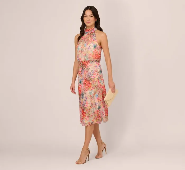 Midi Dresses Womens Adrianna Papell Floral Chiffon Halter Midi Dress With Blouson Bodice In Red Multi