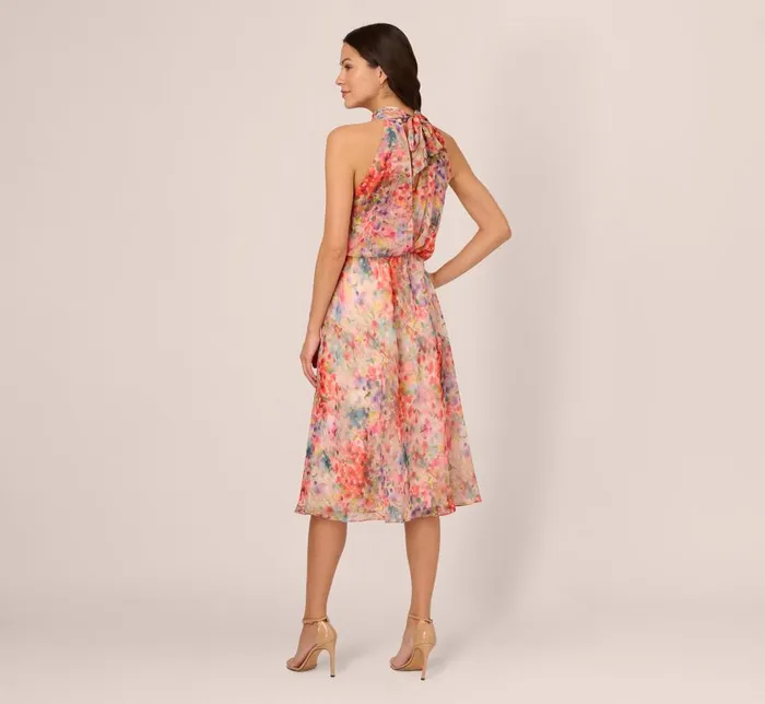 Midi Dresses Womens Adrianna Papell Floral Chiffon Halter Midi Dress With Blouson Bodice In Red Multi