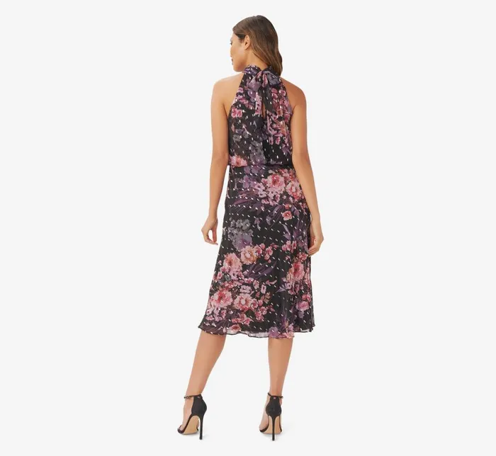 Midi Dresses Womens Adrianna Papell FloralPrint Chiffon Short Blouson Halter Dress In Black Multi