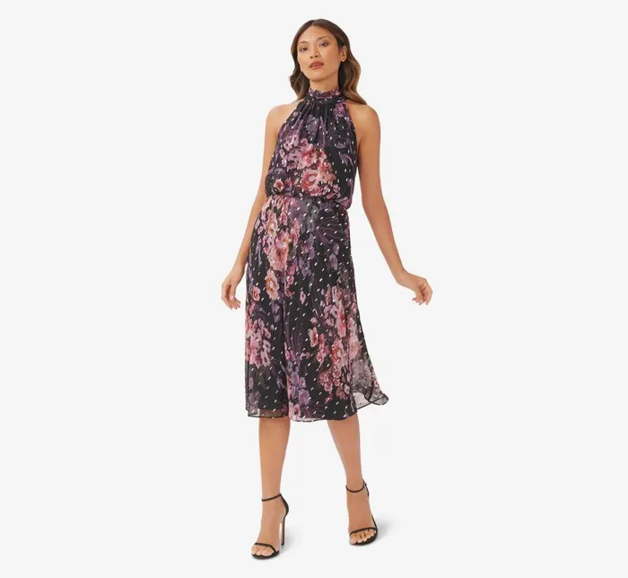 Midi Dresses Womens Adrianna Papell FloralPrint Chiffon Short Blouson Halter Dress In Black Multi