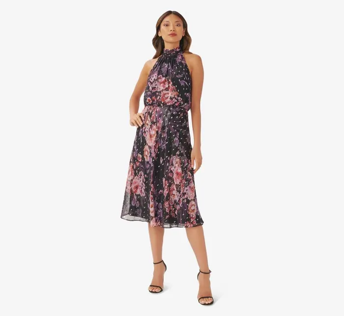 Midi Dresses Womens Adrianna Papell FloralPrint Chiffon Short Blouson Halter Dress In Black Multi