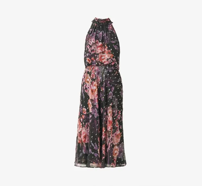 Midi Dresses Womens Adrianna Papell FloralPrint Chiffon Short Blouson Halter Dress In Black Multi