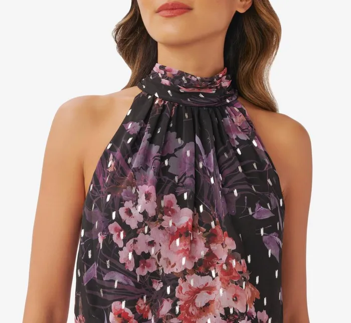 Midi Dresses Womens Adrianna Papell FloralPrint Chiffon Short Blouson Halter Dress In Black Multi