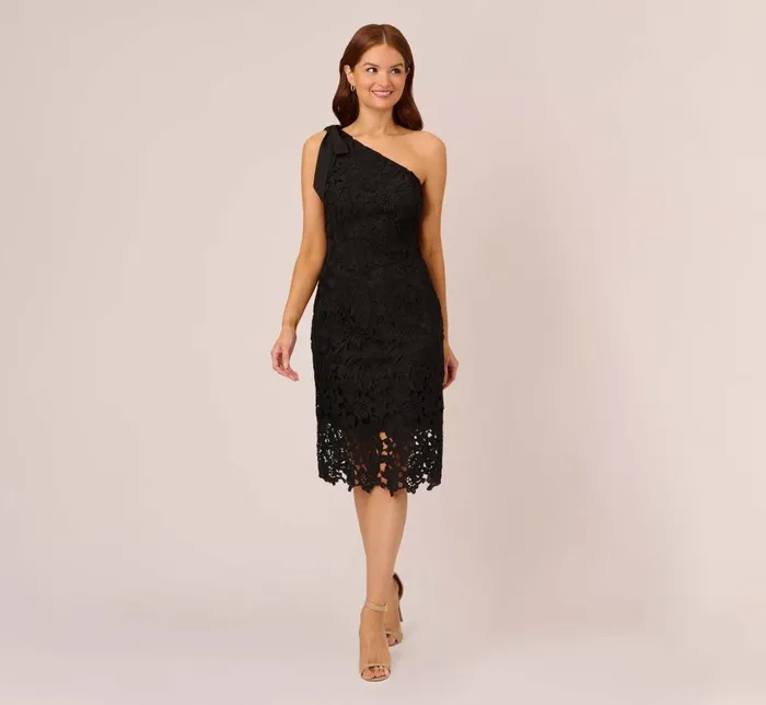 Midi Dresses Womens Adrianna Papell One Shoulder Lace Sheath Dress With Bow Accent In Black
