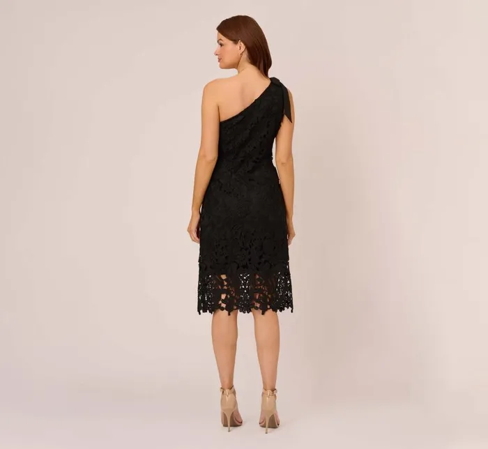 Midi Dresses Womens Adrianna Papell One Shoulder Lace Sheath Dress With Bow Accent In Black