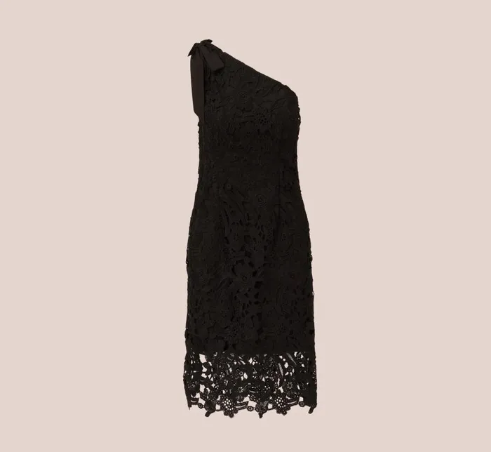 Midi Dresses Womens Adrianna Papell One Shoulder Lace Sheath Dress With Bow Accent In Black