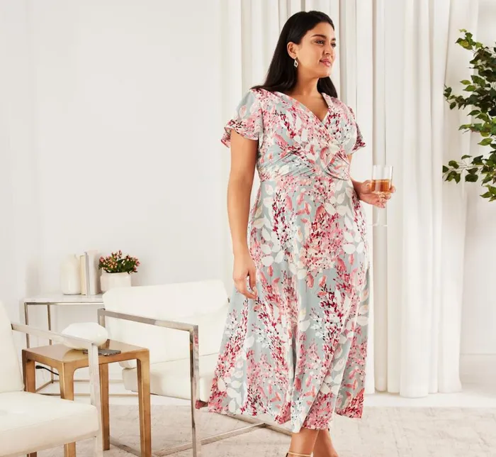 Midi Dresses Womens Adrianna Papell Plus Size FloralPrint FitAndFlare MidiLength Chiffon Dress In Aqua Multi