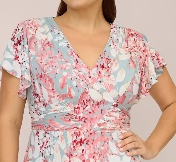Midi Dresses Womens Adrianna Papell Plus Size FloralPrint FitAndFlare MidiLength Chiffon Dress In Aqua Multi