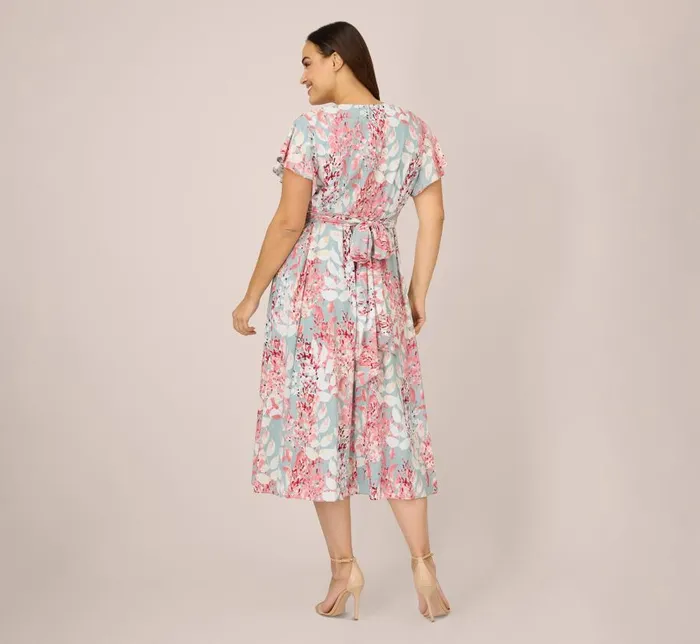 Midi Dresses Womens Adrianna Papell Plus Size FloralPrint FitAndFlare MidiLength Chiffon Dress In Aqua Multi