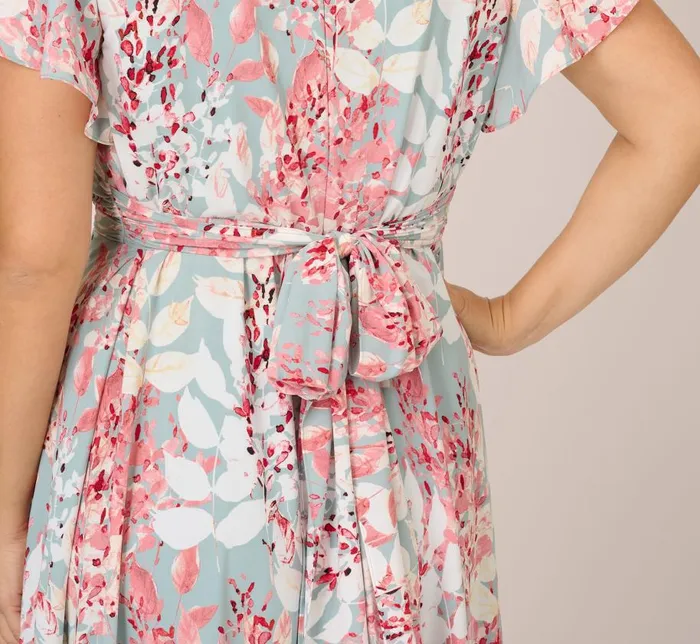 Midi Dresses Womens Adrianna Papell Plus Size FloralPrint FitAndFlare MidiLength Chiffon Dress In Aqua Multi