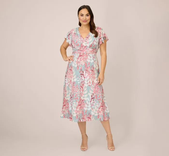 Midi Dresses Womens Adrianna Papell Plus Size FloralPrint FitAndFlare MidiLength Chiffon Dress In Aqua Multi
