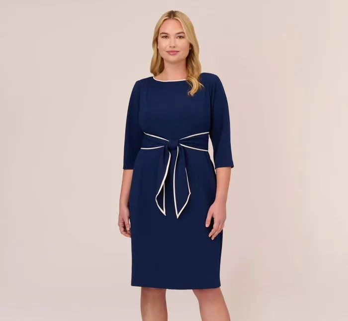 Midi Dresses Womens Adrianna Papell Plus Size Knit Crepe Tie Dress In Navy Sateen Ivory Midi Dresses Womens Adrianna Papell Plus Size Knit Crepe Tie Dress In Navy Sateen Ivory