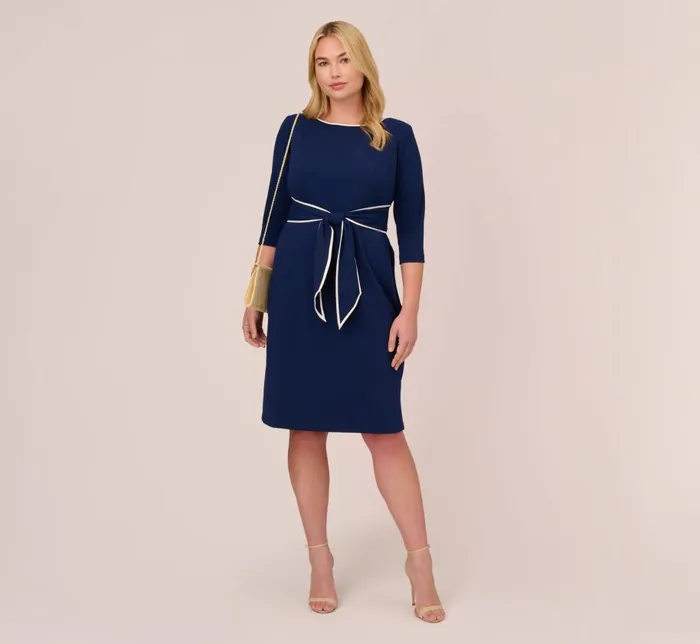 Midi Dresses Womens Adrianna Papell Plus Size Knit Crepe Tie Dress In Navy Sateen Ivory
