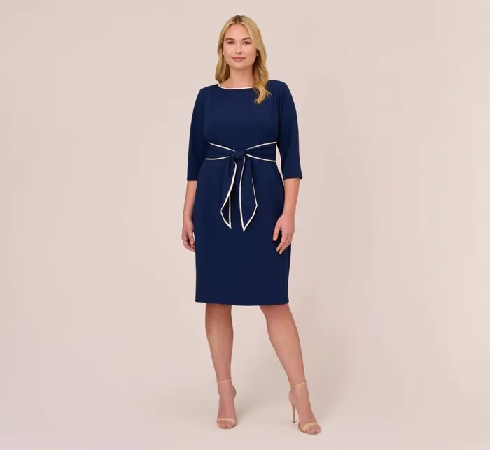 Midi Dresses Womens Adrianna Papell Plus Size Knit Crepe Tie Dress In Navy Sateen Ivory