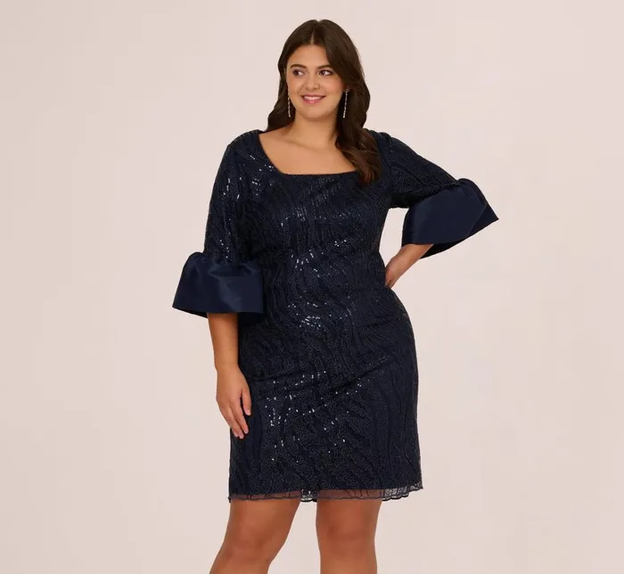Midi Dresses Womens Adrianna Papell Plus Size Sequin Embroidered Dress With Taffeta Bell Sleeves In Midnight Midi Dresses Womens Adrianna Papell Plus Size Sequin Embroidered Dress With Taffeta Bell Sleeves In Midnight