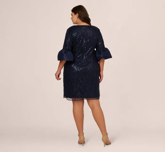 Midi Dresses Womens Adrianna Papell Plus Size Sequin Embroidered Dress With Taffeta Bell Sleeves In Midnight