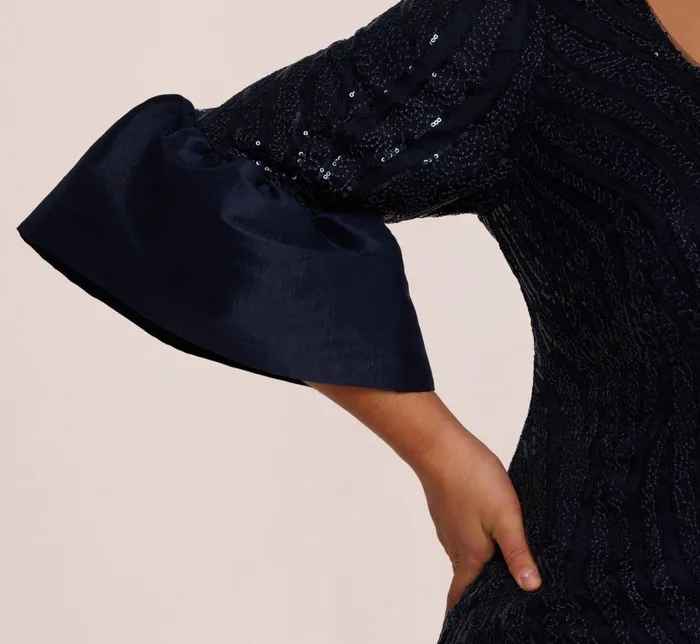 Midi Dresses Womens Adrianna Papell Plus Size Sequin Embroidered Dress With Taffeta Bell Sleeves In Midnight