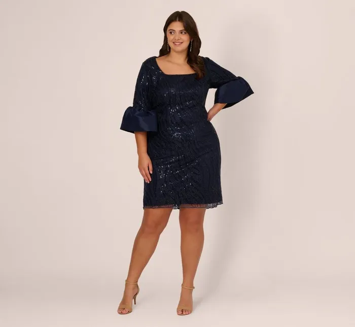 Midi Dresses Womens Adrianna Papell Plus Size Sequin Embroidered Dress With Taffeta Bell Sleeves In Midnight