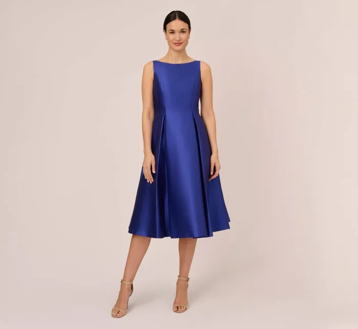 Midi Dresses Womens Adrianna Papell Sleeveless Mikado Fit And Flare Midi Dress With VBack In Neptune