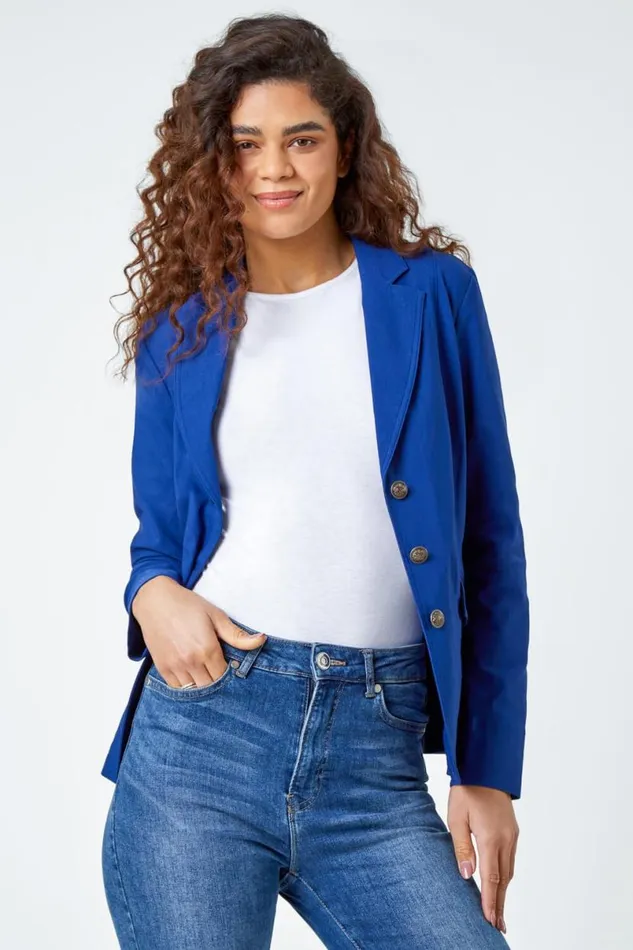 Midnight Blue Button Detail Stretch Blazer Women Roman Jackets