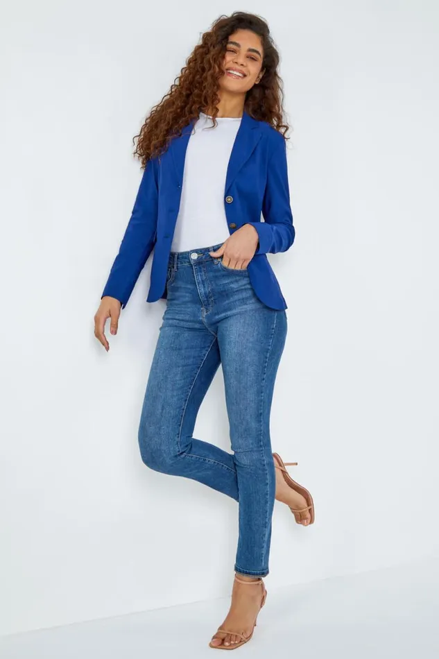 Midnight Blue Button Detail Stretch Blazer Women Roman Jackets
