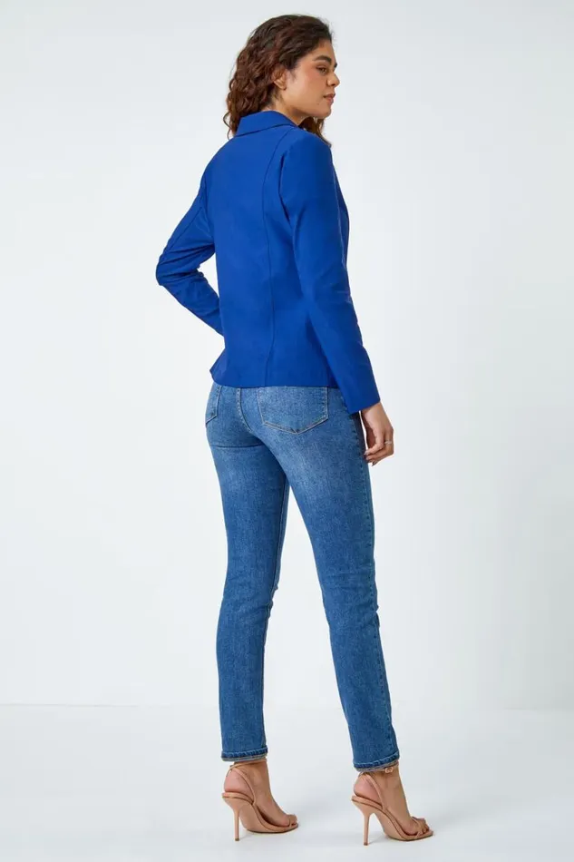 Midnight Blue Button Detail Stretch Blazer Women Roman Jackets
