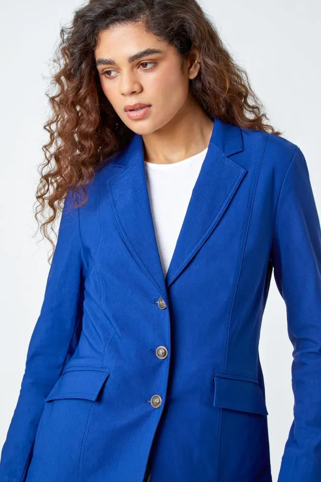 Midnight Blue Button Detail Stretch Blazer Women Roman Jackets