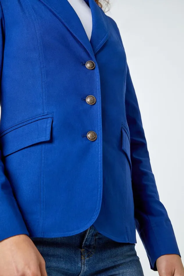 Midnight Blue Button Detail Stretch Blazer Women Roman Jackets