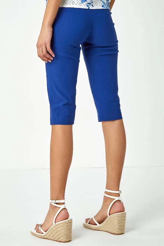 Midnight Blue Knee Length Elastic Waist Stretch Shorts Women Roman Trousers