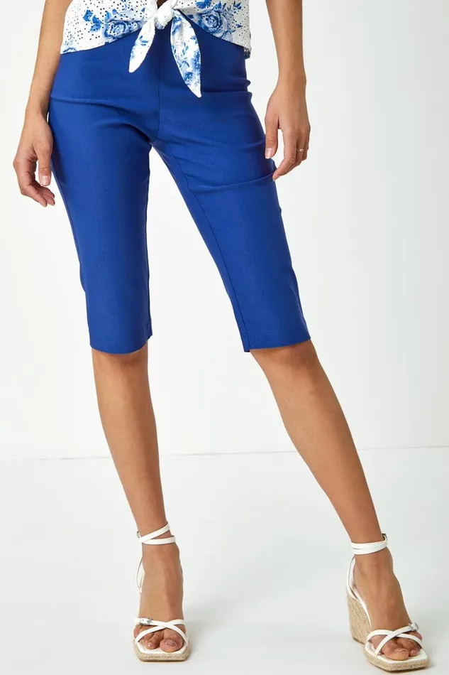 Midnight Blue Knee Length Elastic Waist Stretch Shorts Women Roman Trousers