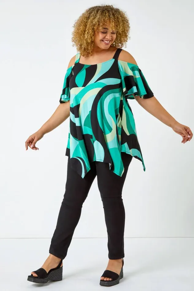 Mint Curve Abstract Cold Shoulder Top Women Roman Tops