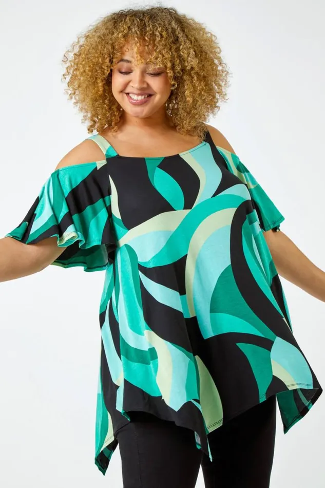 Mint Curve Abstract Cold Shoulder Top Women Roman Tops