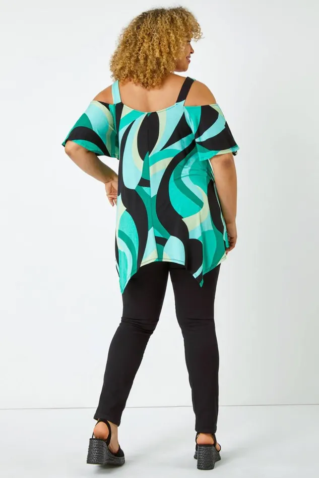Mint Curve Abstract Cold Shoulder Top Women Roman Tops