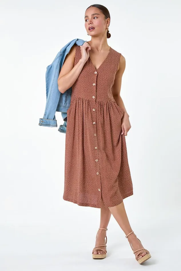 Mocha Petite Ditsy Spot Pocket Button Midi Dress Women Roman Dresses