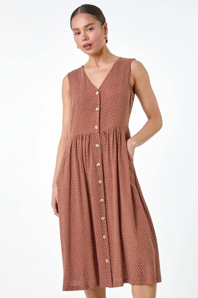Mocha Petite Ditsy Spot Pocket Button Midi Dress Women Roman Dresses
