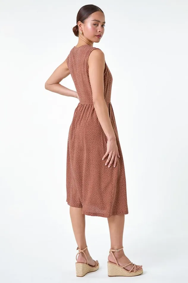 Mocha Petite Ditsy Spot Pocket Button Midi Dress Women Roman Dresses