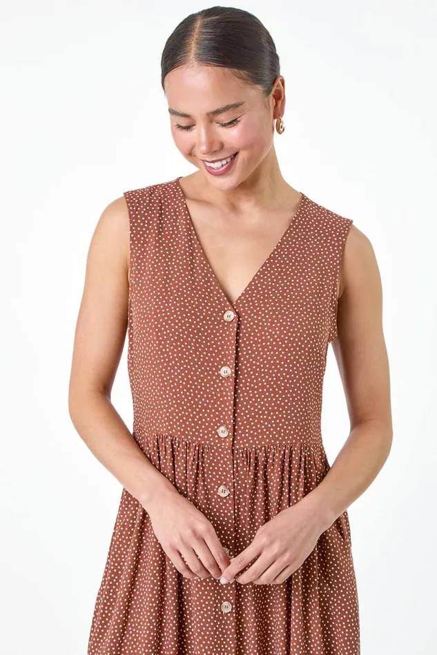 Mocha Petite Ditsy Spot Pocket Button Midi Dress Women Roman Dresses