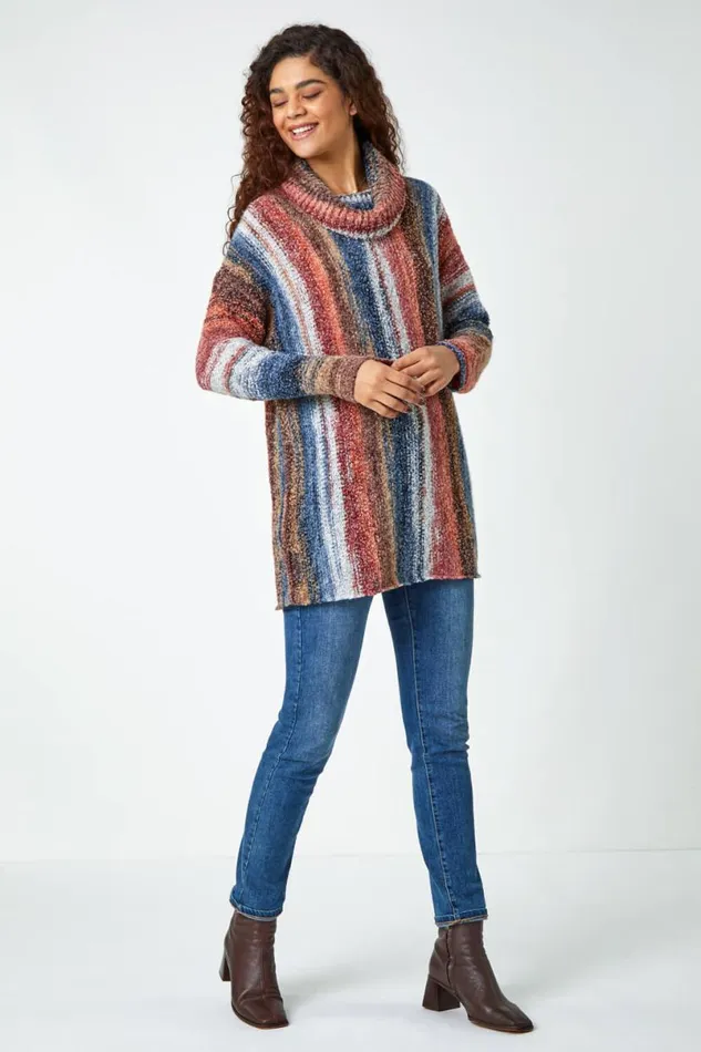 Multi Boucle Stripe Cowl Neck Jumper Women Roman Knitwear