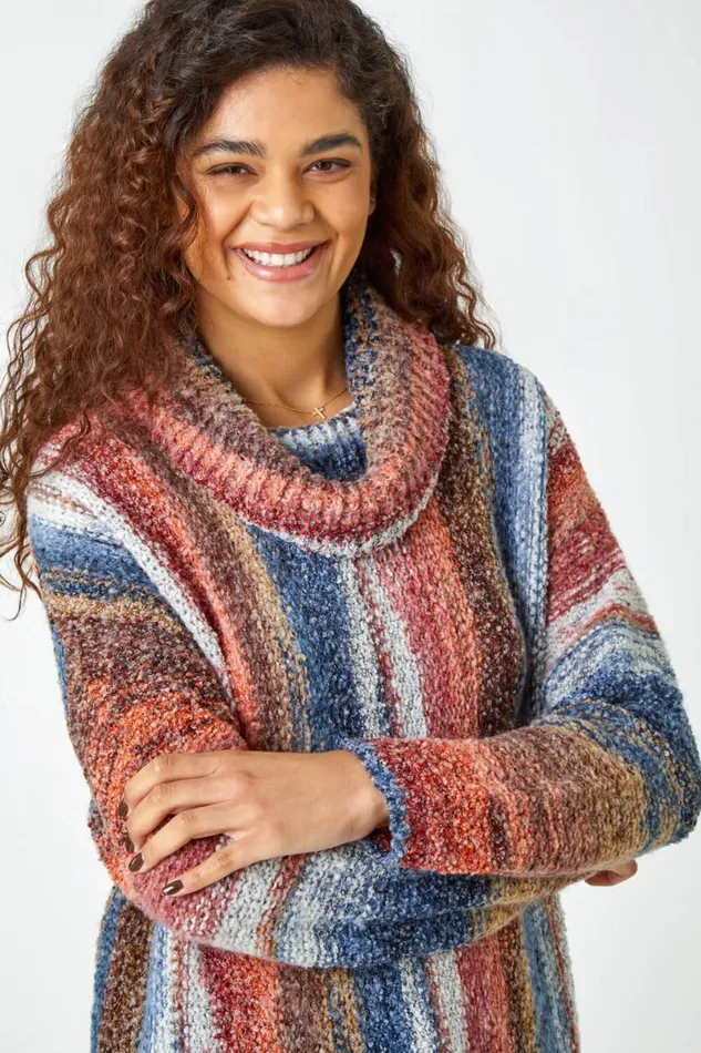 Multi Boucle Stripe Cowl Neck Jumper Women Roman Knitwear