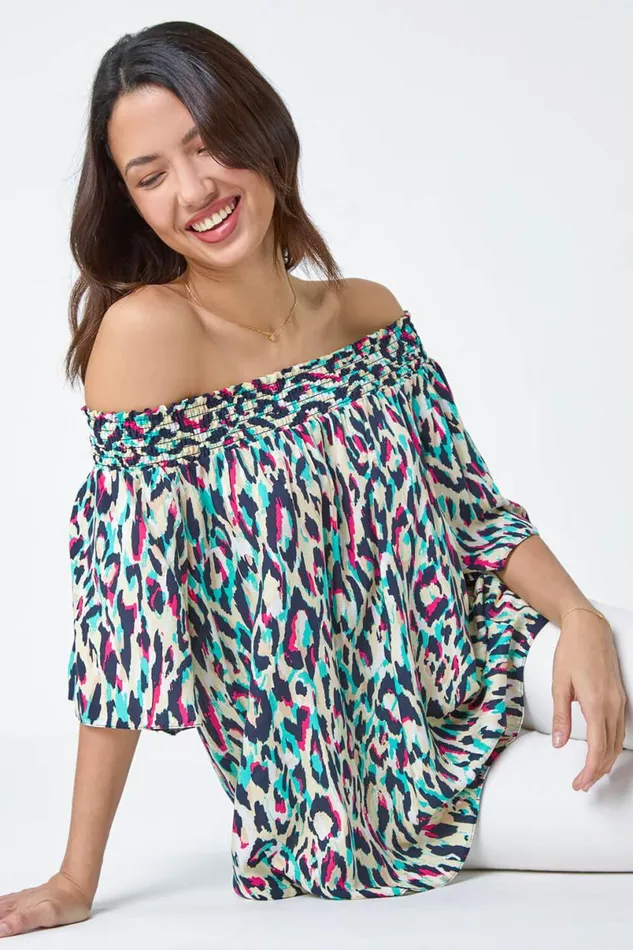 Multi Contrast Animal Print Bardot Top Women Roman Tops