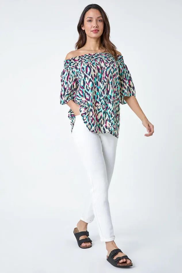 Multi Contrast Animal Print Bardot Top Women Roman Tops