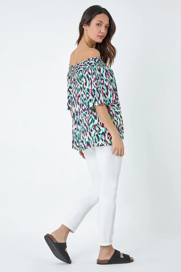 Multi Contrast Animal Print Bardot Top Women Roman Tops