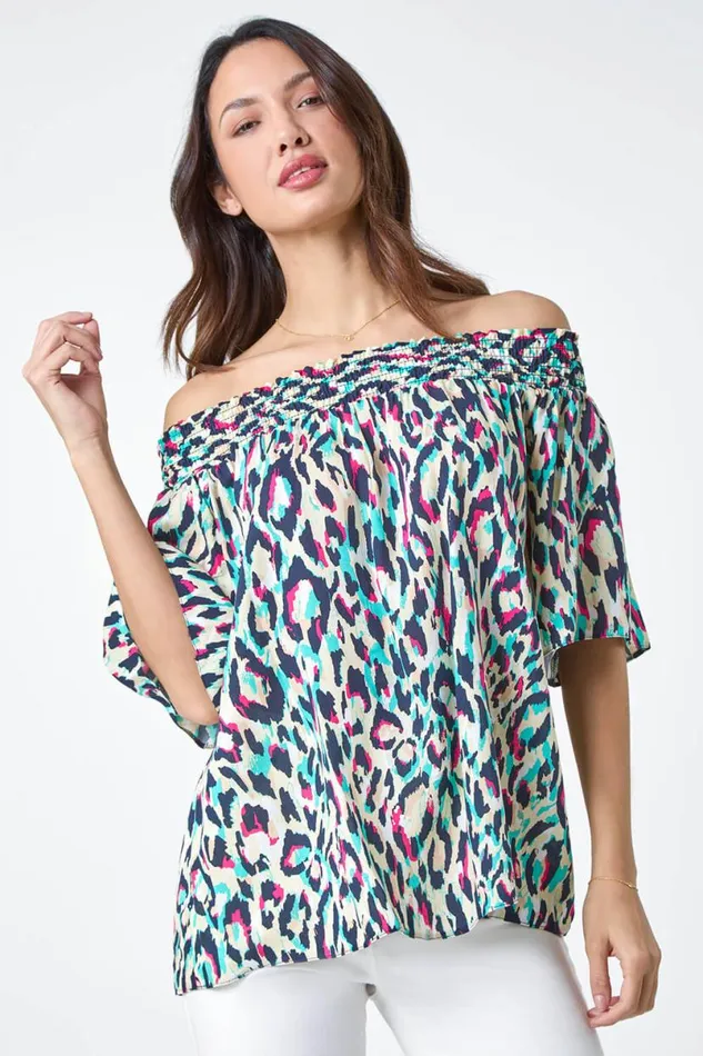 Multi Contrast Animal Print Bardot Top Women Roman Tops